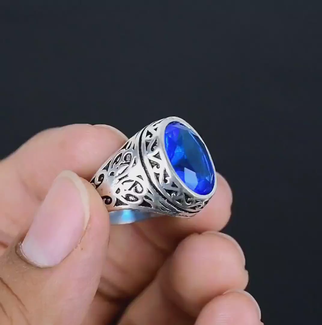Blue Topaz Gemstone Silver Men's Ring