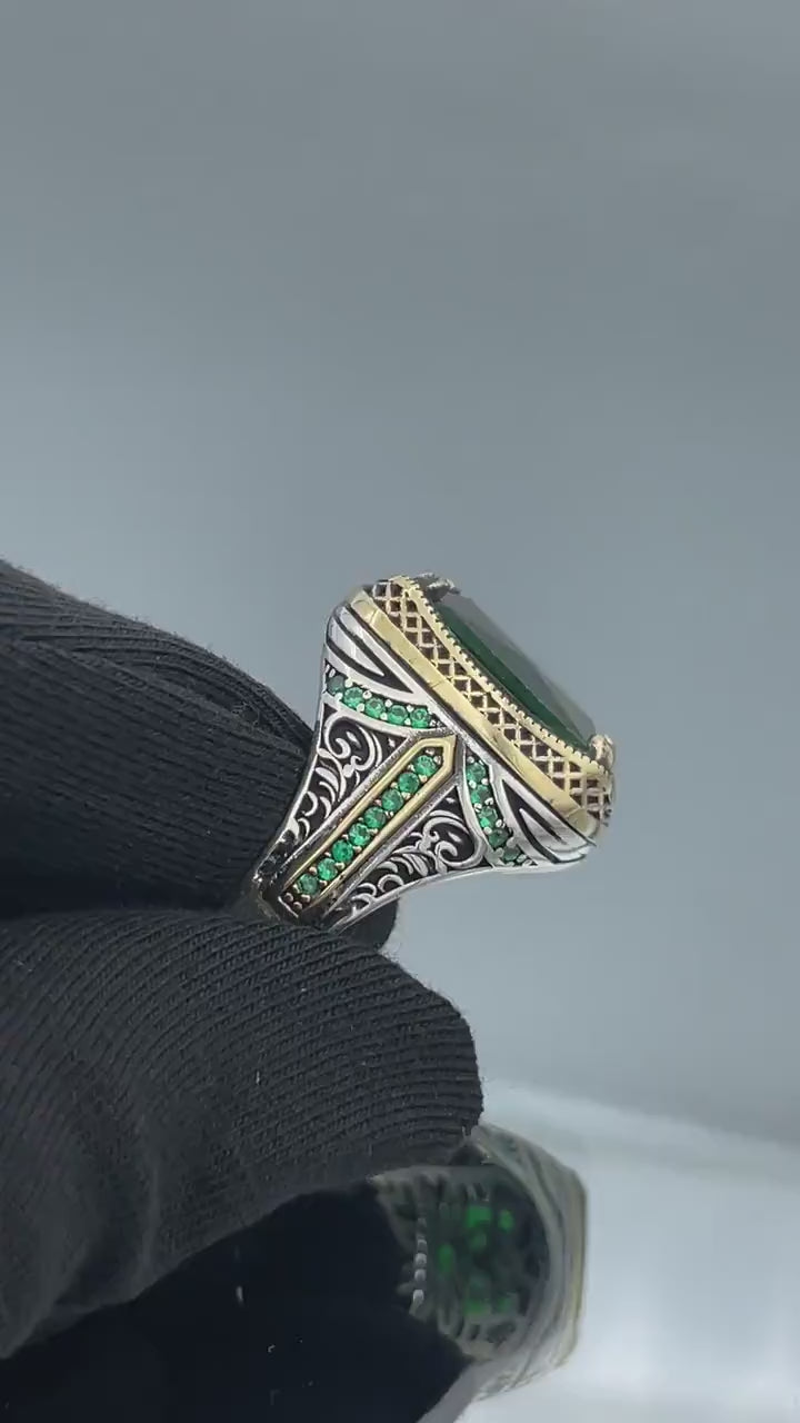 Emerald Silver Men Green Stone Ring