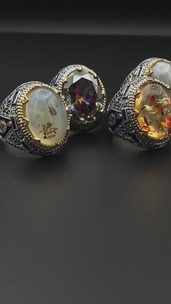Mens Agate Gemstone Silver Ring