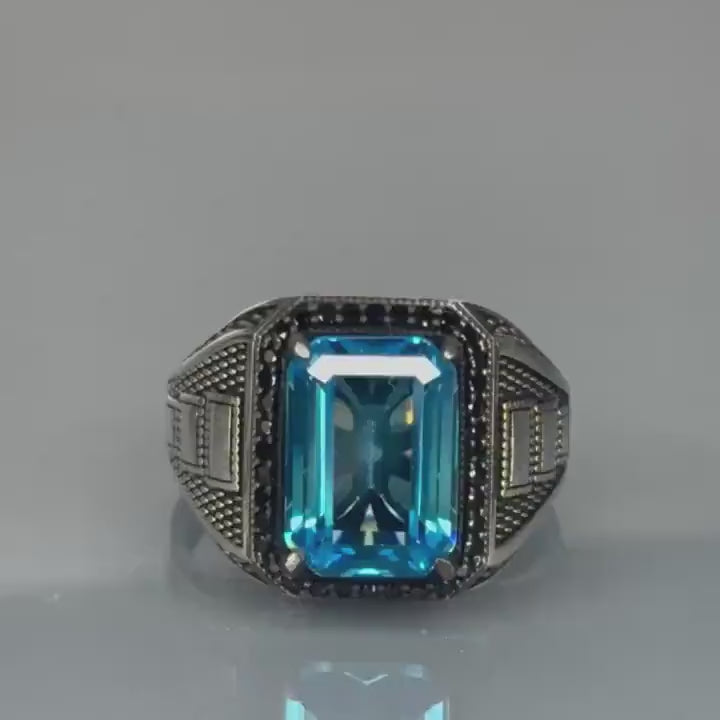 Men's 925 Sterling Silver Aquamarine Stone Ring