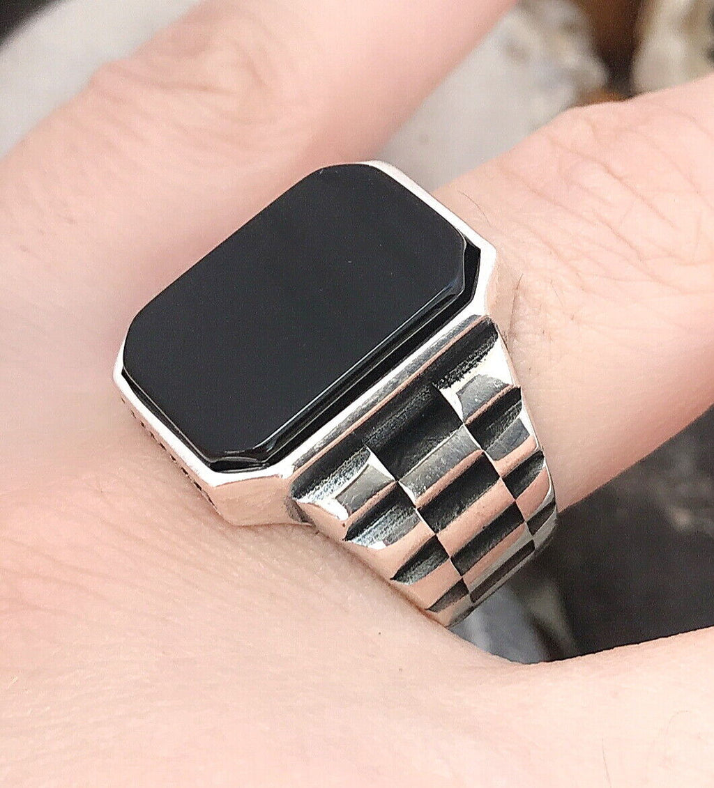 Black Onyx Stone Watch Band Design 925 Silver Ring