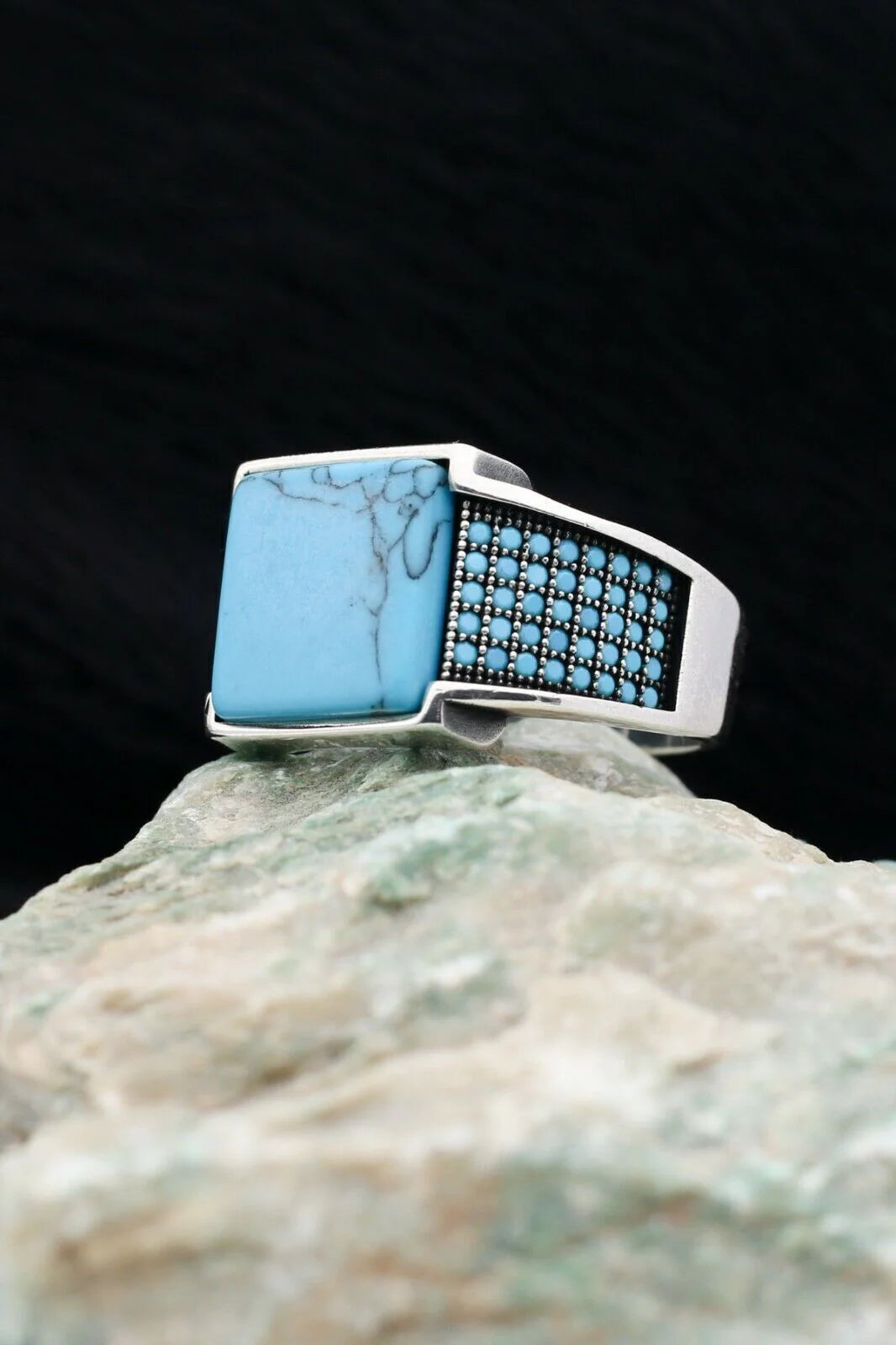 BLUE TURQUOISE MEN'S RING - 925 Silver